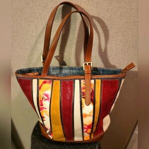Rare Sharif Red and Yellow Tote Bag with Vibrant Stripes and denim EUC